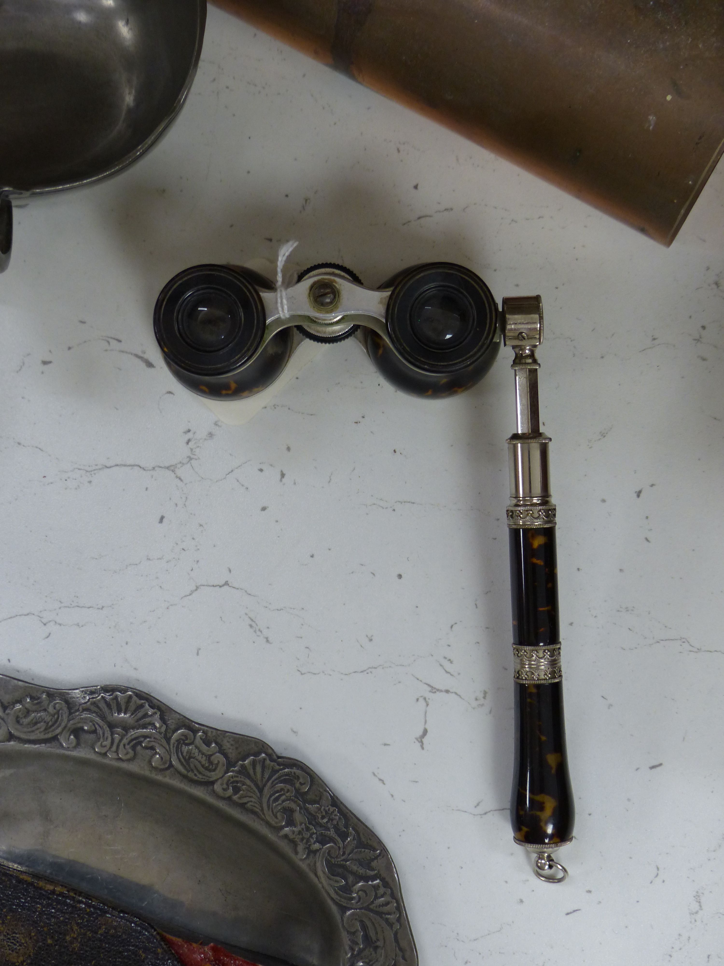 Miscellaneous items, including a pewter inkwell, three pairs of cut steel scissors, leather-cased, a pair of opera glasses, a copper jug, etc.